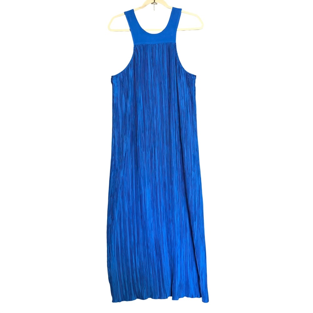 Anthropologie Maxi Dress M Blue Accordion Pleated Racerback Plisse Halter Chic